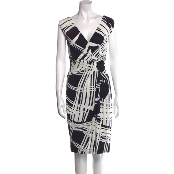 Escada Dido black & white print sleeveless Twisted faux wrap midi dress 34 (SP) - Picture 3 of 15